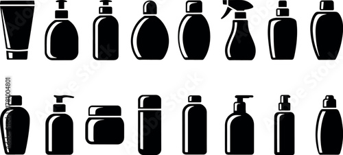 Collection of various black cosmetic bottles isolated on transparent background, showcasing diverse shapes and sizes for beauty and personal care products