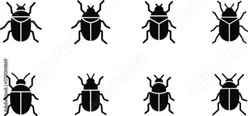 Beetle bug insect flat glyph icons set of eight simple vector