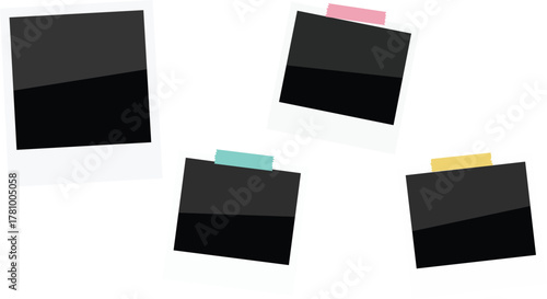 Realistic empty photo card frame, film set. Retro vintage photograph with transparent adhesive tape and paper clip. Digital snapshot image. Template or mockup for design. Vector illustration.