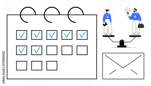 Calendar with marked tasks, team balancing work-life using scale, idea generation, envelope. Ideal for planning, time management, team collaboration, efficiency, goal setting work-life balance
