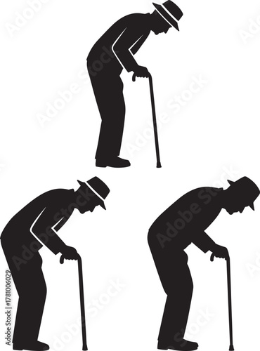 Three elderly men with canes silhouette isolated on white background