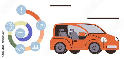 Orange compact car beside circular infographic with pie chart, bar graph, and analytics icons. Ideal for technology, data visualization, transportation, car sharing, analytics, statistics