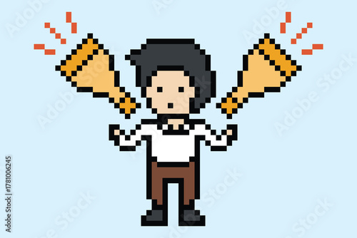 Pixel art cute cartoon man with megaphone announcement speaker information announce decor character 8 bit male boy megaphone cartoon pixel game vector.