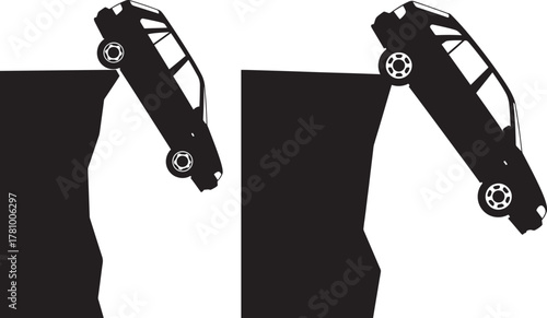 Two cars teetering on the edge of a cliff silhouette isolated on white background