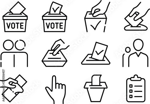 Voting and election icons with ballot boxes and hands casting votes vector illustration