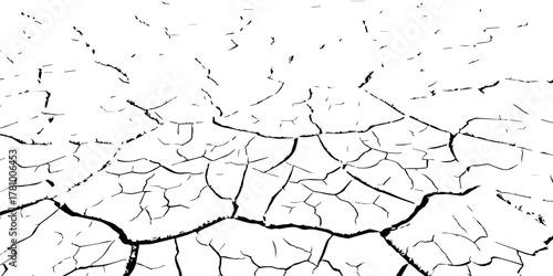 Black and white cracked dry soil texture background, broken earth drought surface pattern, climate change parched ground nature concept, abstract environmental disaster illustration for design use.