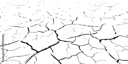 Black and white cracked dry soil texture background, broken earth drought surface pattern, climate change parched ground nature concept, abstract environmental disaster illustration for design use.