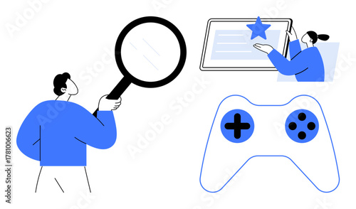 Person holding magnifying glass, individual interacting with digital star on screen, and game controller. Ideal for research, technology, gaming, analysis, discovery, digital interaction education