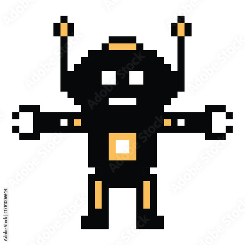 Cartoon pixel art of humanoid robot learning toy robotic engineer bot machine business vector character automation electronic background 8 bit artificial intelligence art.