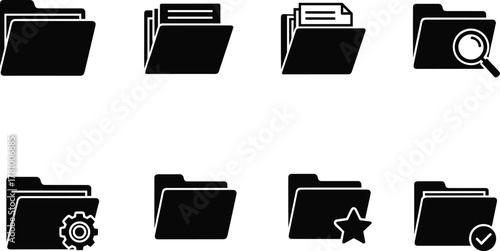 Folder icons set with documents, search, settings, favorite, checkmark.