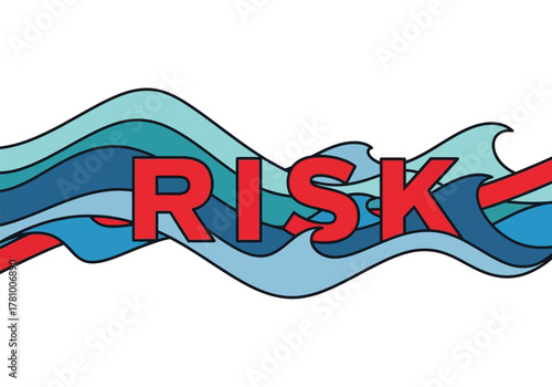 The word RISK in bold red letters superimposed on stylized blue ocean waves, symbolizing danger and uncertainty.