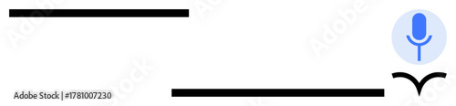 Blue microphone icon between horizontal black lines suggesting interaction, sound recording, or voice input. Ideal for communication, technology, interfaces, audio tools, accessibility, digital