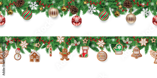 set of seamless christmas borders with pine beanches, decorations and gingerbread cookies