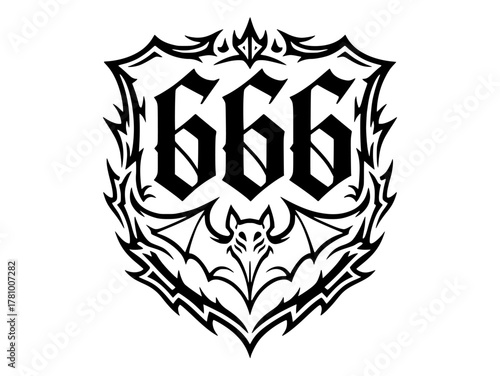 Vector isolated black and white emblem featuring "666" and a demonic bat within a decorative shield — ideal for tattoos, logos, and heavy metal art.