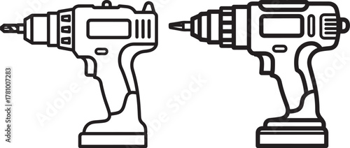 Two cordless power drill silhouettes isolated on white background