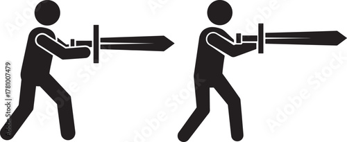 Two stick figures holding swords in silhouette isolated on white background