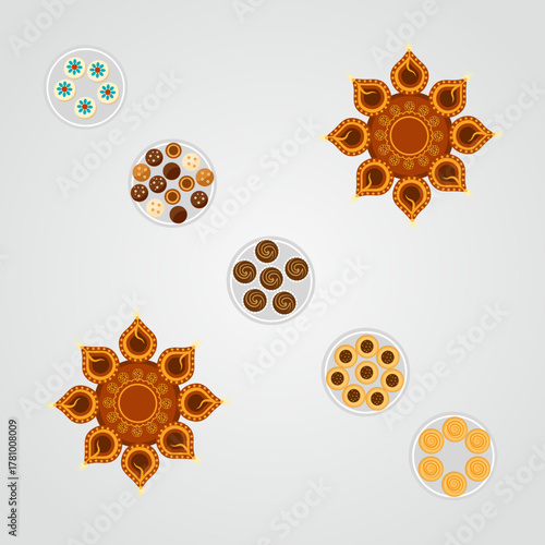 Flat Lay Festive Delicious Sweets and Decorative Oil Lamp for Diwali Celebration