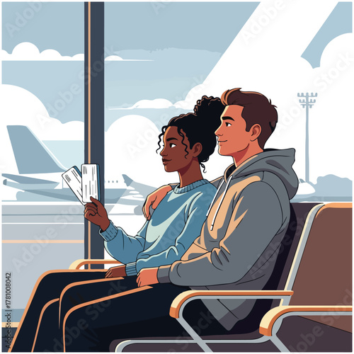 An illustrated image of a diverse couple sitting in an airport waiting area, looking out the window at an airplane on the tarmac, holding tickets.
