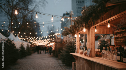Charming Christmas market scene featuring wooden stalls adorned with festive lights, creating warm and inviting atmosphere
