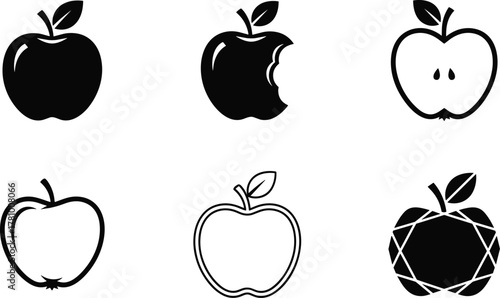 Set of six monochrome apple icons, solid, bitten, and outline