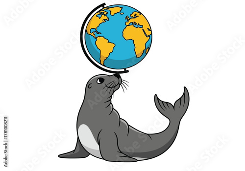 A cute cartoon seal skillfully balancing a globe of the planet Earth on its nose.