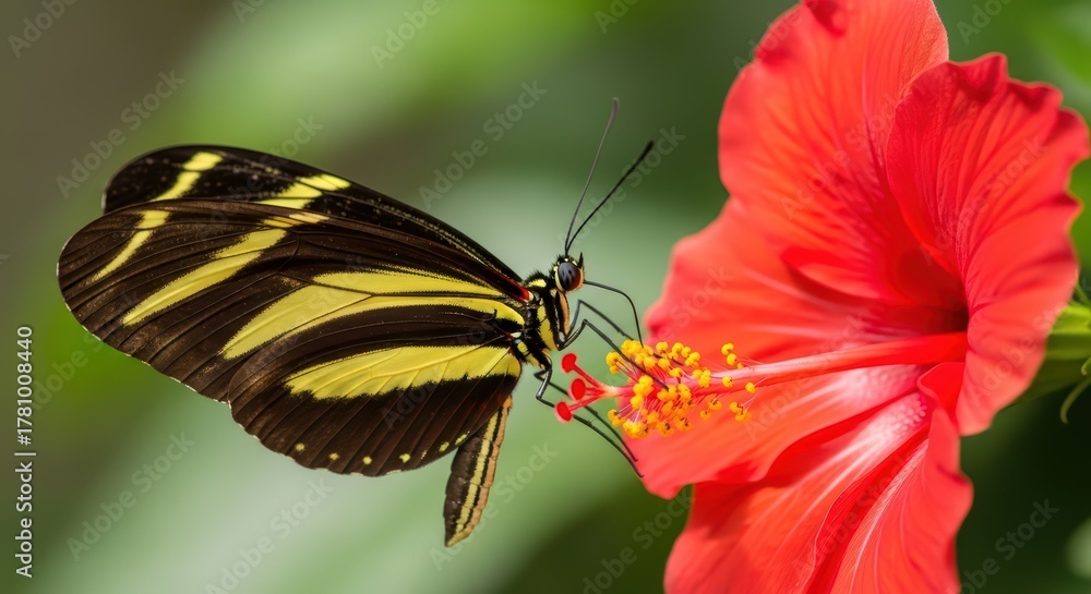 Obraz premium Zebra longwing butterfly feeding on vibrant red hibiscus bloom in lush greenery