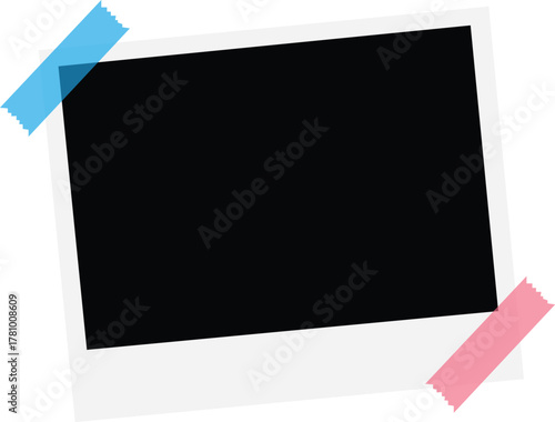 Realistic empty photo card frame, film set. Retro vintage photograph with transparent adhesive tape and paper clip. Digital snapshot image. Template or mockup for design. Vector illustration.