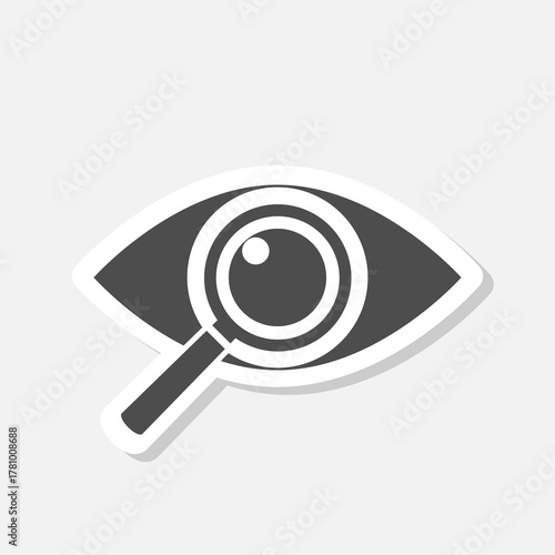 Magnifier with eye icon sticker isolated on gray background