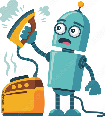 Confused Robot Character Ironing Clothes and Getting Frustrated Vector