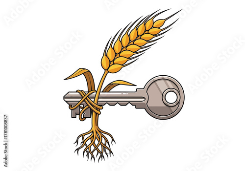 A golden wheat stalk with roots wrapped around a silver metal key, symbolizing agricultural security and opportunity.