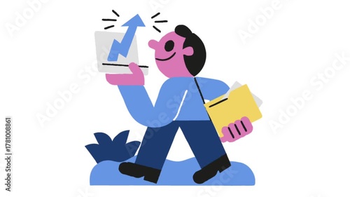 Animated businessman holding laptop with upward graph and folder walking confidently
