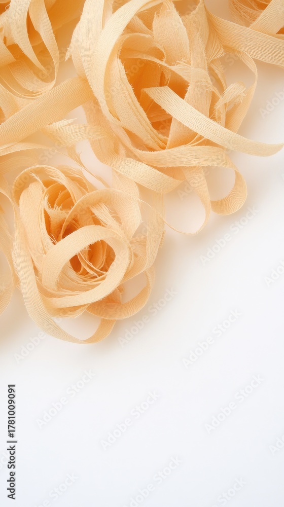 Fototapeta premium Soft wooden shavings create an inviting texture on a pure white background, perfect for artistic projects and creative designs