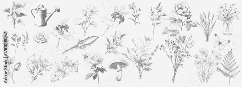 Elegant Vintage Botanical Garden Illustrations in Hand-Drawn Engraving Style, ideal for nature branding, wedding stationery, eco packaging, or spring events.