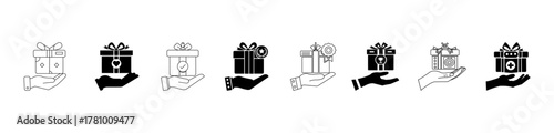 Hand gift box showing gesture concept icon set. Outline heart, award, tickmark, trophy, star, plus, love, surprise, reward, black design donation and celebration silhouette vector.