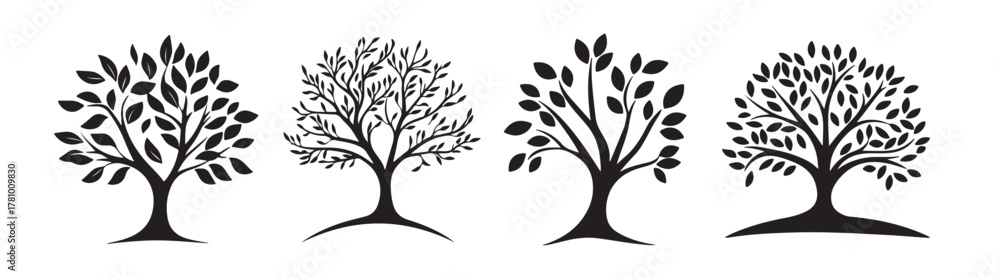 Fototapeta premium Four black silhouette trees with varied foliage on a white background