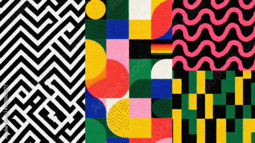 High contrast geometric patterns vivid colors create dynamic visual experience. design features bold shapes and lines