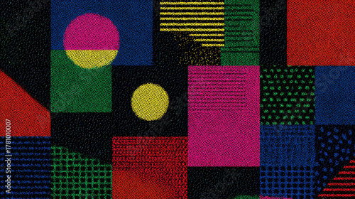 High contrast geometric patterns vivid colors create dynamic visual experience. vibrant shapes and textures evoke sense