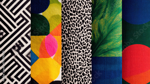 Vivid geometric patterns on fabric showcase high contrast designs in various colors, creating vibrant visual appeal