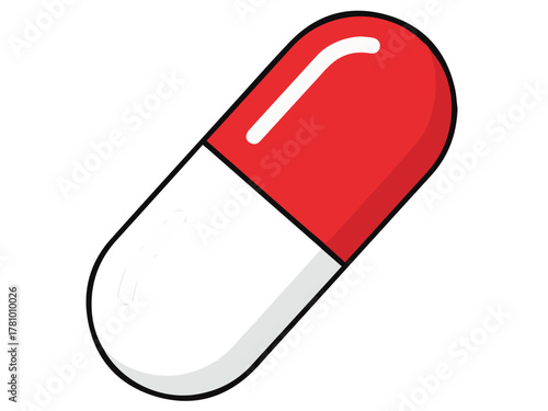 Large vector illustration of a red and white pharmaceutical capsule. Represents medicine, painkiller, antibiotics, or pharmacy.