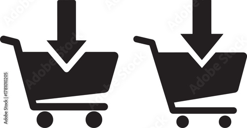 Two shopping cart icons with down arrows silhouette isolated on white background