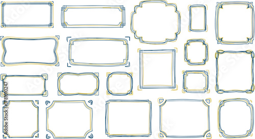 Hand‑drawn decorative rectangular and square frames, blue and yellow ornamental borders, artistic geometric motifs, scrapbook accents, creative invitation templates
