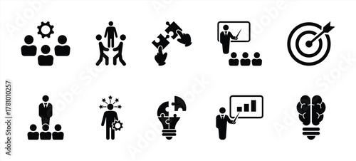 Business Training and Teamwork Icon Set for Leadership and Innovation Concept