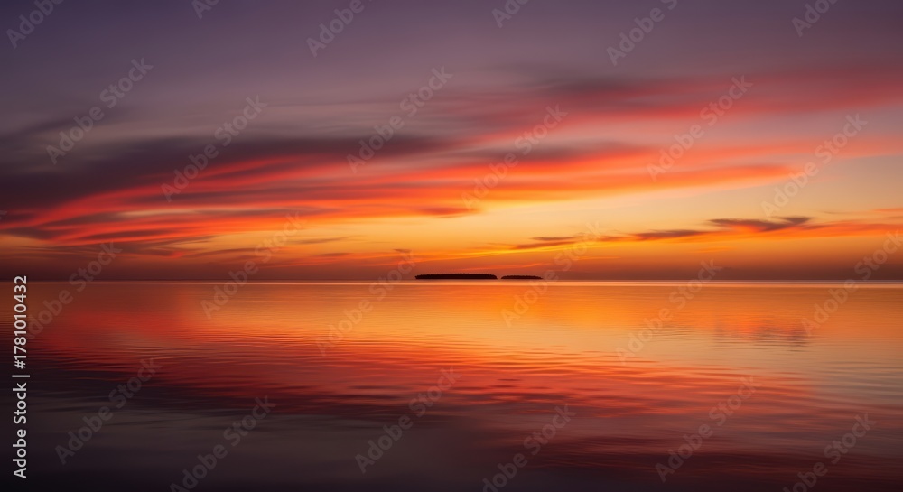 Fototapeta premium Dramatic sunset over calm ocean reflecting vibrant red and orange clouds
