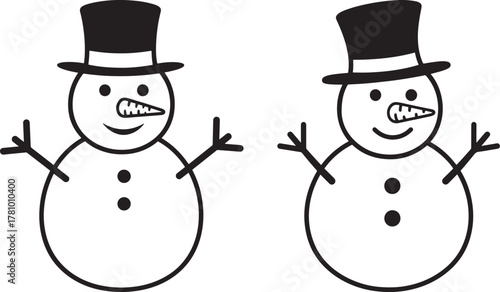 Two snowman silhouettes wearing top hats isolated on white background