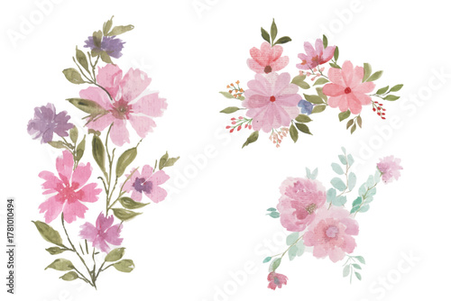 Set of roses and flowers watercolor illustration. hand drawn, flower clipart, for bouquets, wreaths, arrangements, wedding invitations, anniversary, birthday, postcards, greetings, card	