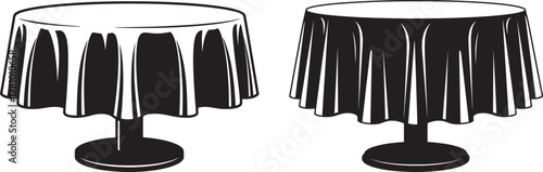 Two round dining tables covered with tablecloths silhouette isolated on white background