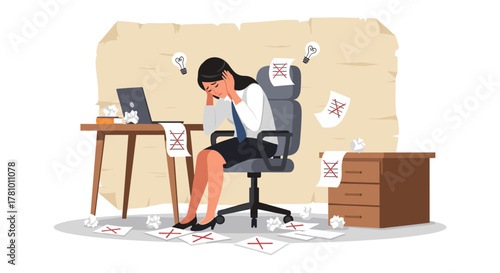 Overwhelmed and exhausted, a young Asian businesswoman grapples with stress and burnout in her office, surrounded by discarded ideas and mounting pressure.