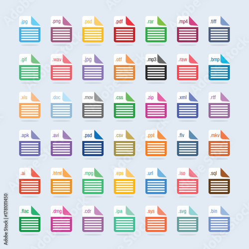 Colorful collection of file type icon graphic element