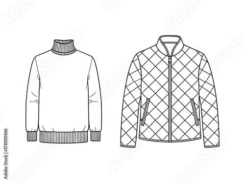 Fashion flat turtleneck sweater and quilted jacket