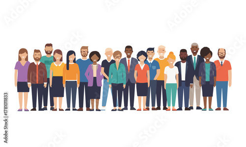 Flat vector illustration of a diverse group of people standing together. Represents community, society, population, or social issues.